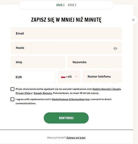 Rejestracja w Rapid Casino