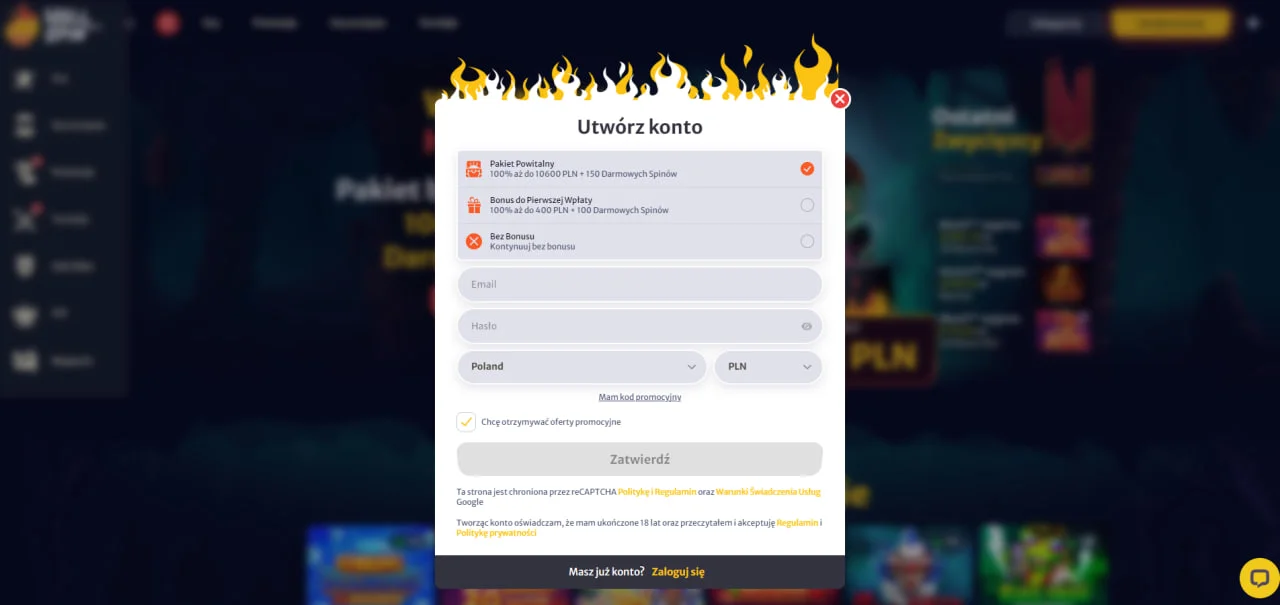 Formularz rejestracji w Hellspin Casino