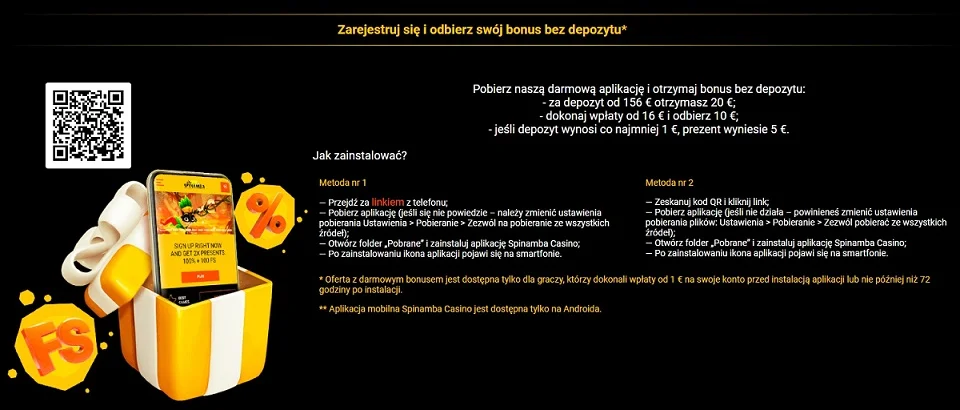Strona aplikacji mobilnej Kasyno Spinamba
