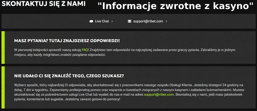 Strona kontaktowa kasyno RTBet