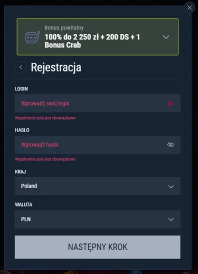 Drugi formularz rejestracyjny Rabona Casino