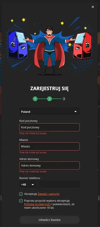 Trzeci formularz rejestracyjny BruceBet Casino