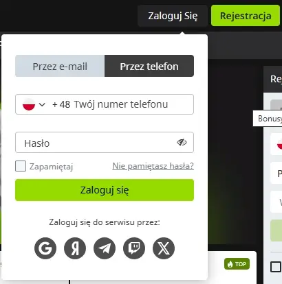 Formularz logowania przez telefon WinWin Casino