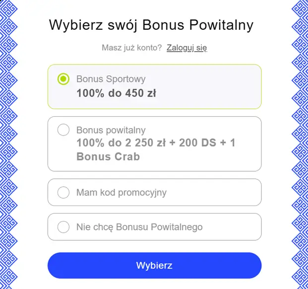 Formularz rejestracji wybierz bonus powitalny w LibraBet Casino