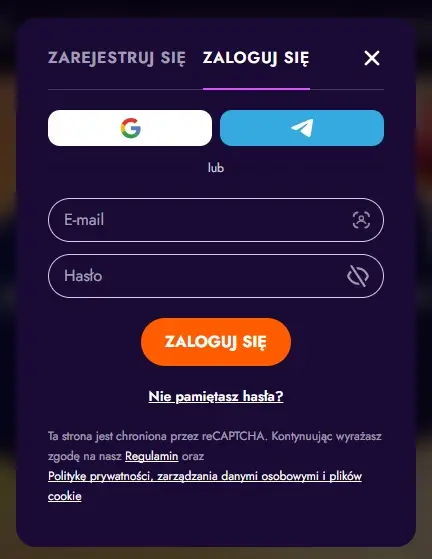 Formularz logowania do Irwin Casino